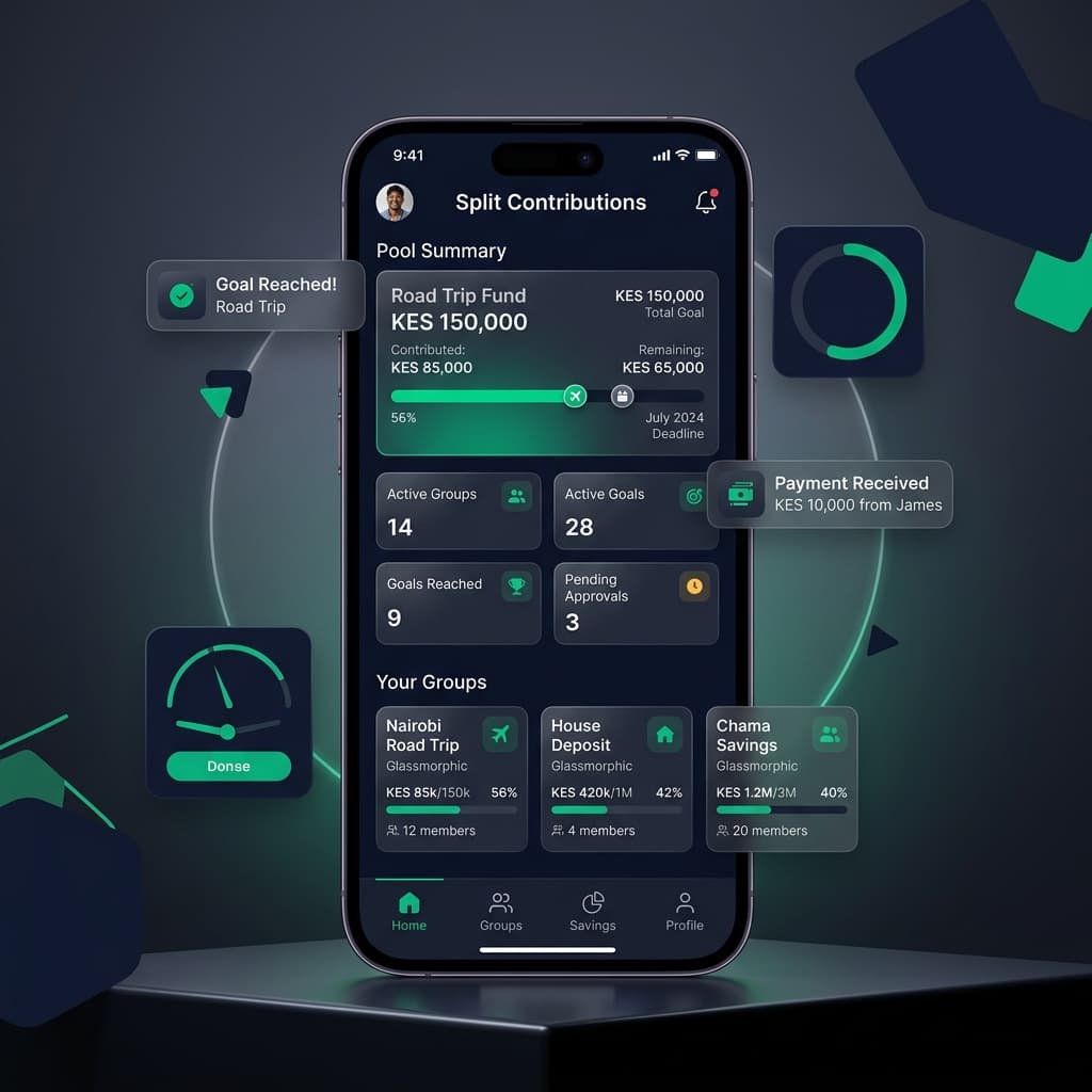 Split Contributions App dashboard showing group savings goals and progress